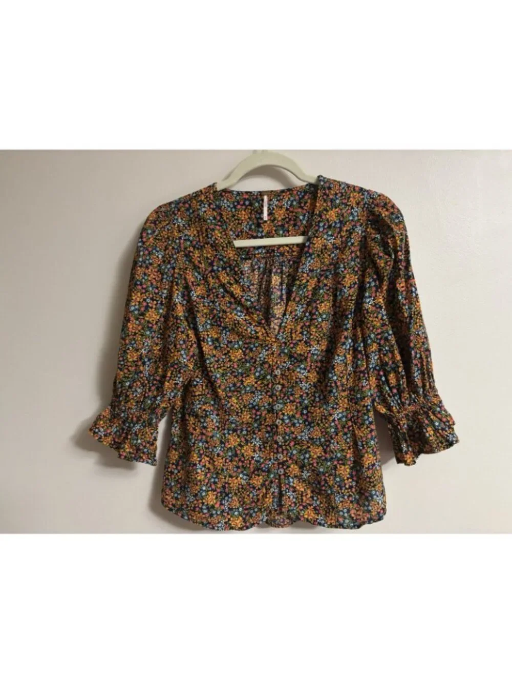 Free People Blouse I Found You Floral Mustard Navy Print w/ Puff Sleeves Medium
